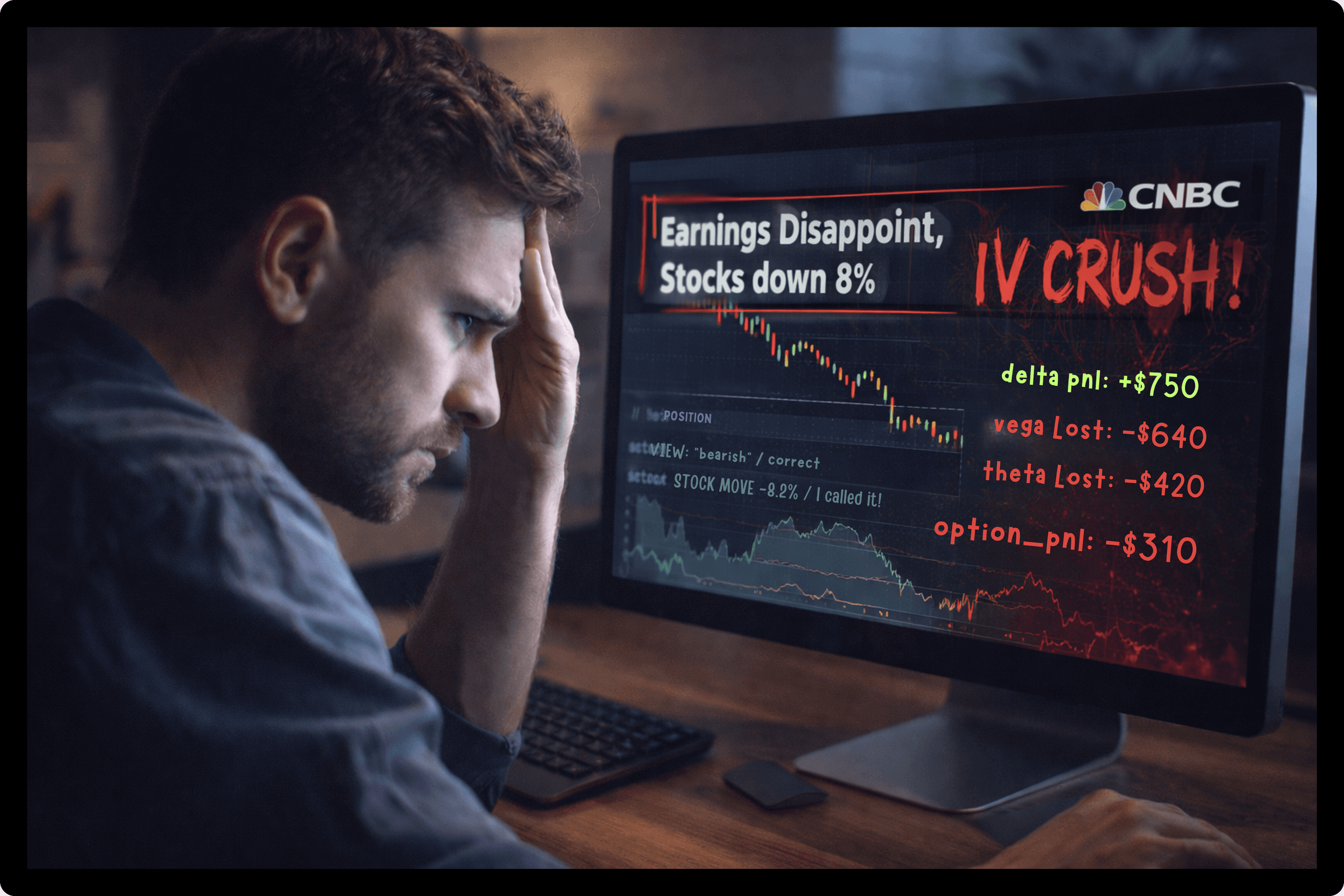 Trader with hand on head looking at screen showing IV CRUSH and earnings disappointment