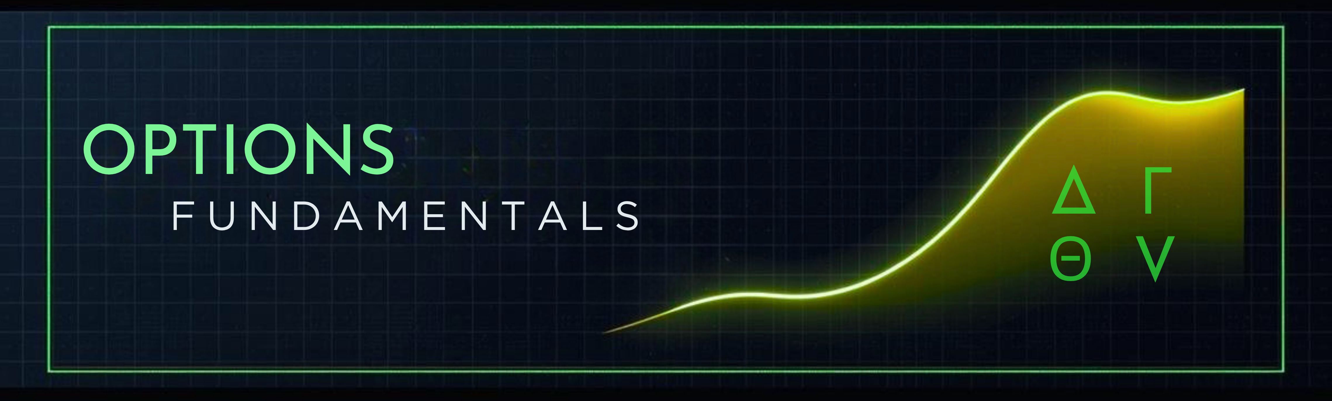 Options Fundamentals — neon volatility curve and Greeks symbols