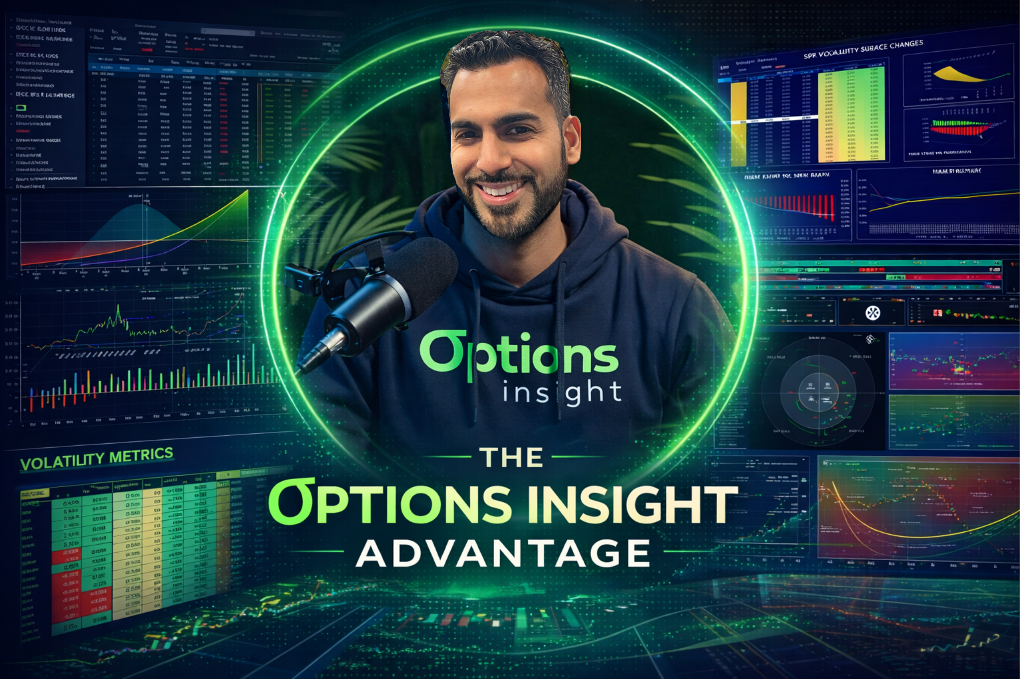 The Options Insight Advantage — Imran with hoodie surrounded by volatility dashboards